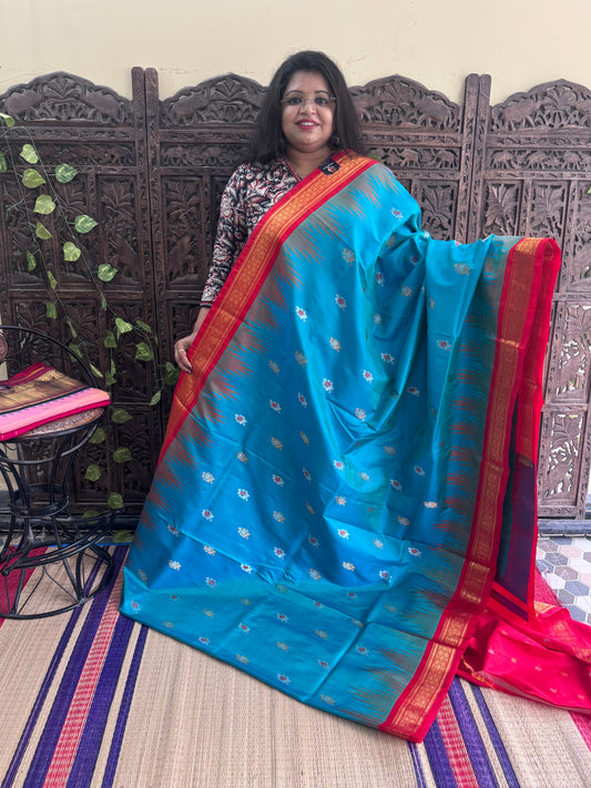 Blue Gadwal Silk Saree with Gold Zari Border — Pure Handloom | Silk Mark Certified