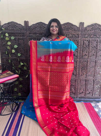 Blue Gadwal Silk Saree with Gold Zari Border — Pure Handloom | Silk Mark Certified