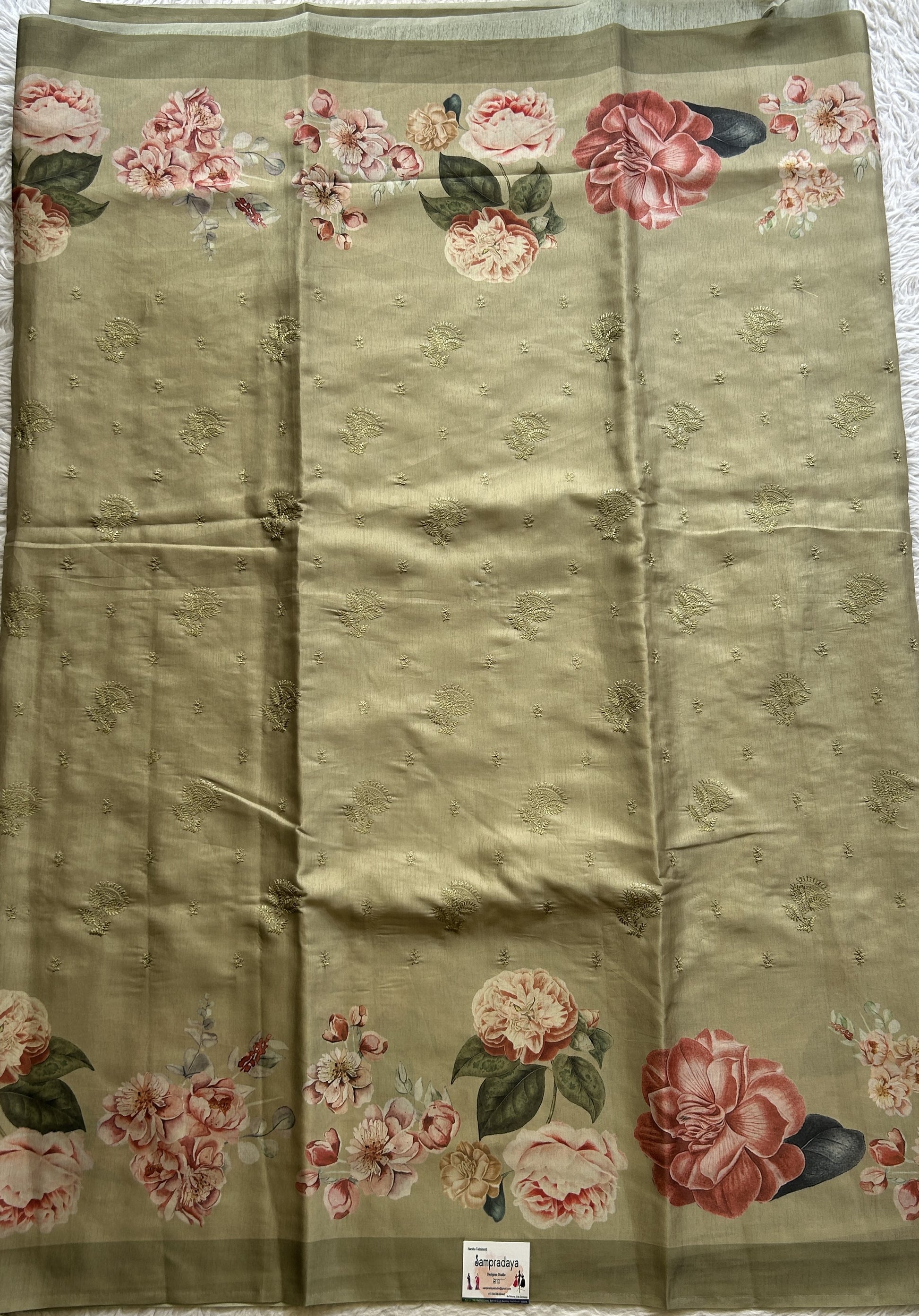 Banarasi Soft Silk Saree Olive Green Colored Complemented with a Plain Border. - Sampradaya Designer Studio