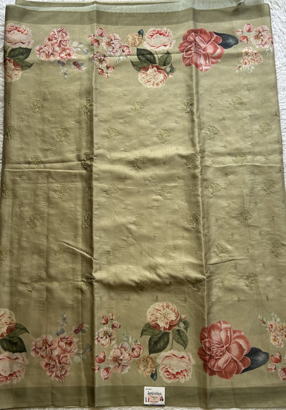 Banarasi Soft Silk Saree Olive Green Colored Complemented with a Plain Border. - Sampradaya Designer Studio