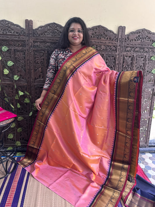 Peach Gadwal Silk Saree with Gold Zari Border — Pure Handloom | Silk Mark Certified