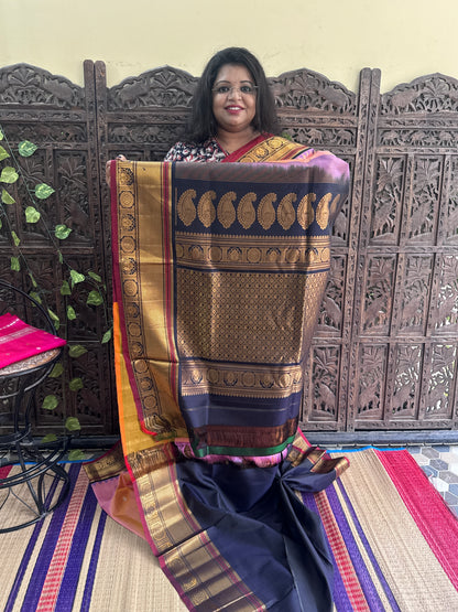 Peach Gadwal Silk Saree with Gold Zari Border — Pure Handloom | Silk Mark Certified