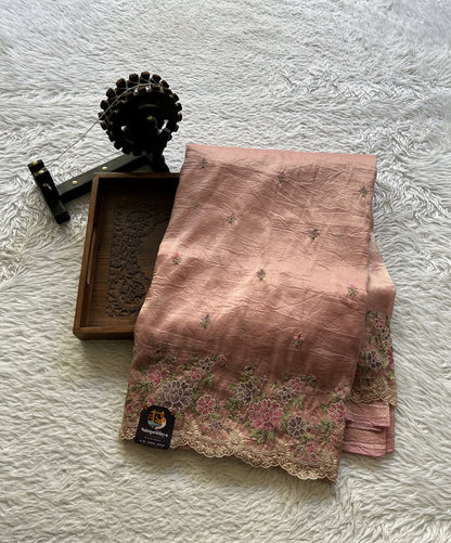 Inox Silk Saree Rose Pink Colored Elegantly Paired with a Machine Embroidery Border. - Sampradaya Designer Studio