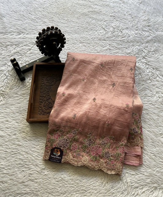 Inox Silk Saree Rose Pink Colored Elegantly Paired with a Machine Embroidery Border. - Sampradaya Designer Studio