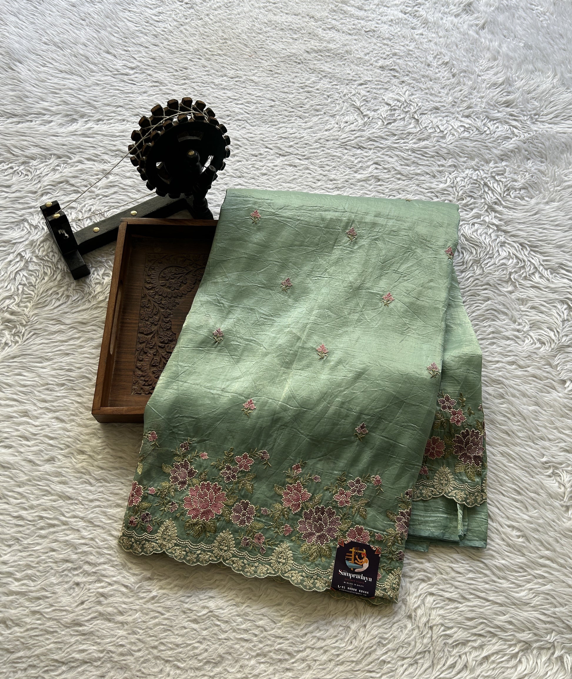 Inox Silk Saree Sea Blue Colored Elegantly Paired with a Machine Embroidery Border. - Sampradaya Designer Studio