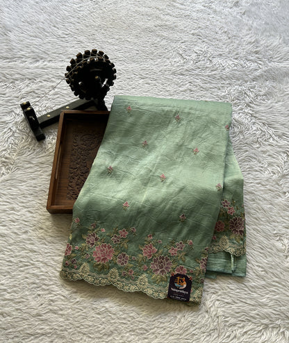 Inox Silk Saree Sea Blue Colored Elegantly Paired with a Machine Embroidery Border. - Sampradaya Designer Studio