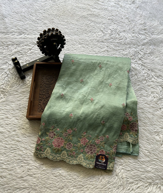 Inox Silk Saree Sea Blue Colored Elegantly Paired with a Machine Embroidery Border. - Sampradaya Designer Studio