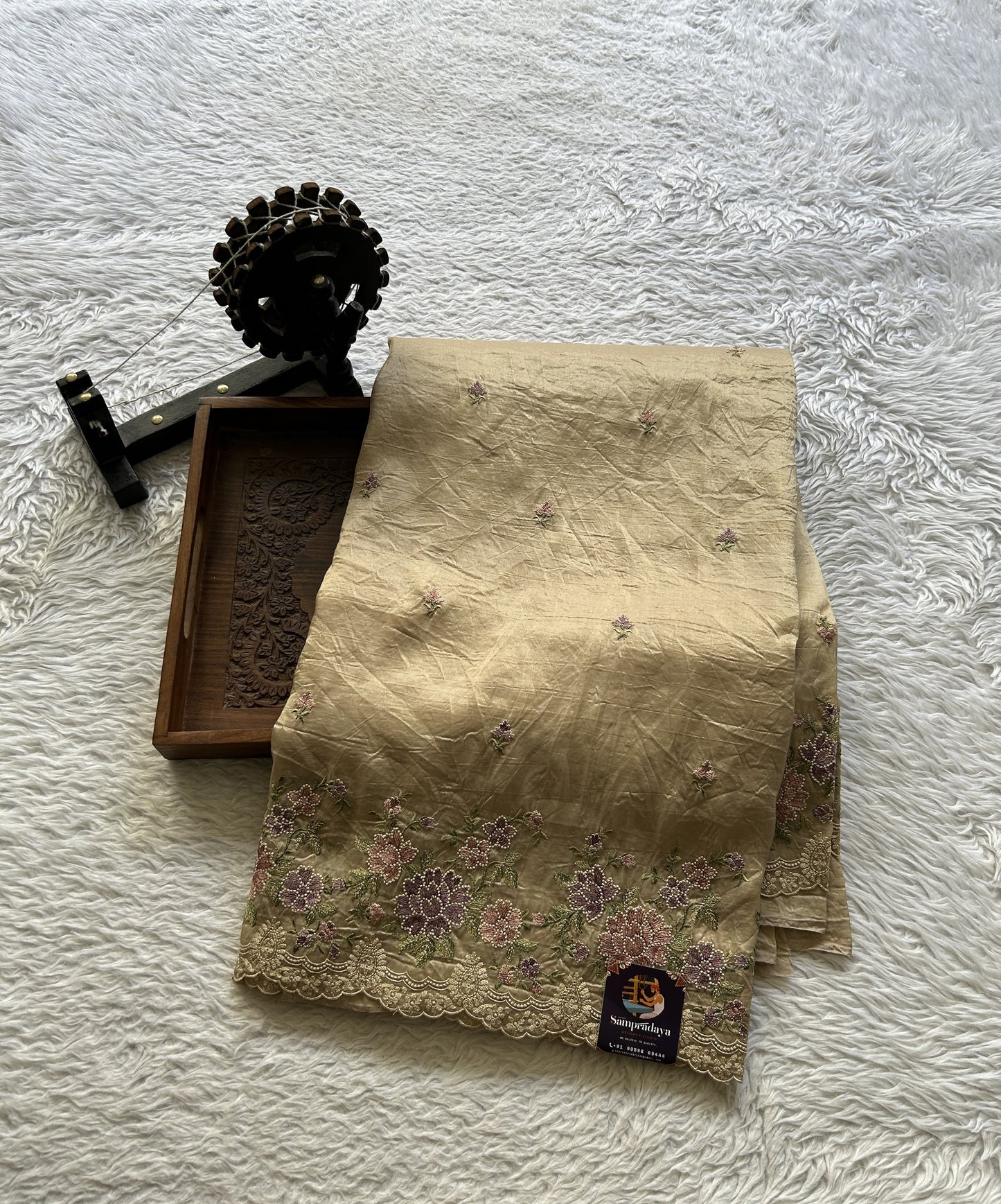 Inox Silk Saree Cream Colored Elegantly Paired with a Machine Embroidery Border. - Sampradaya Designer Studio