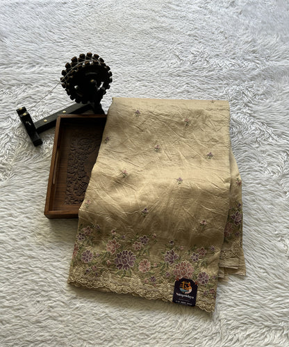 Inox Silk Saree Cream Colored Elegantly Paired with a Machine Embroidery Border. - Sampradaya Designer Studio