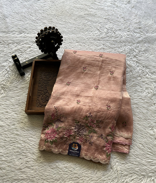 Inox Silk Saree Melon Colored Elegantly Paired with a Machine Embroidery Border. - Sampradaya Designer Studio