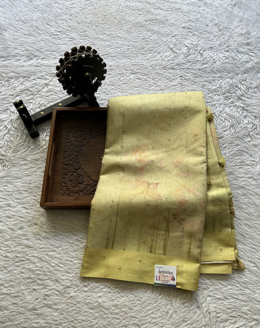 Semi Tussar Saree Lime Yellow Colored complemented with a Plain Border. - Sampradaya Designer Studio