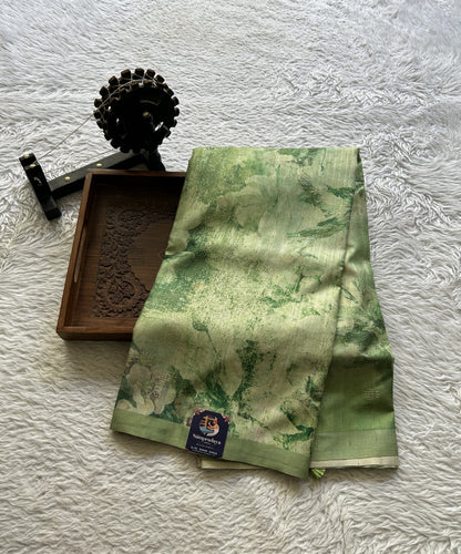 Semi Tussar Saree Light Green Colored complemented with a Plain Border. - Sampradaya Designer Studio