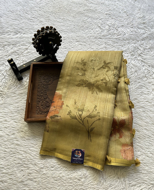 Semi Tussar Saree Pear Colored complemented with a Borderless. - Sampradaya Designer Studio