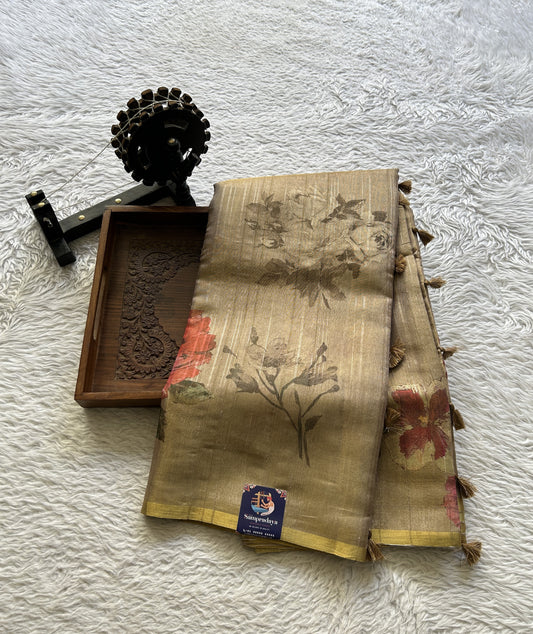 Semi Tussar Saree Light Biscuit Colored complemented with a Borderless. - Sampradaya Designer Studio