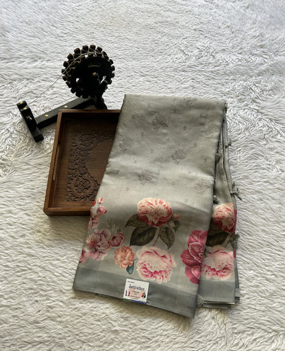 Banarasi Soft Silk Saree Ash Colored Complemented with a Plain Border. - Sampradaya Designer Studio