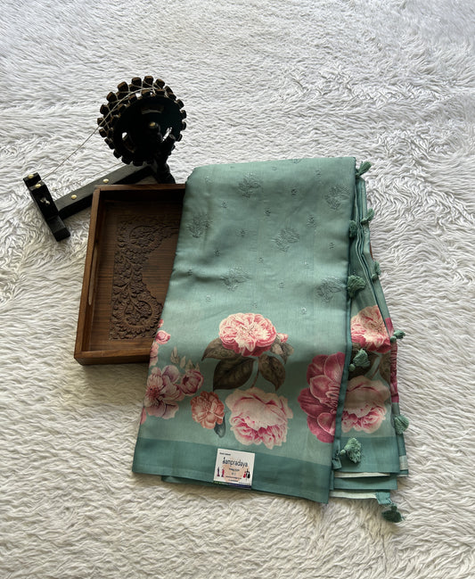 Banarasi Soft Silk Saree Aqua Green Colored Complemented with a Plain Border. - Sampradaya Designer Studio