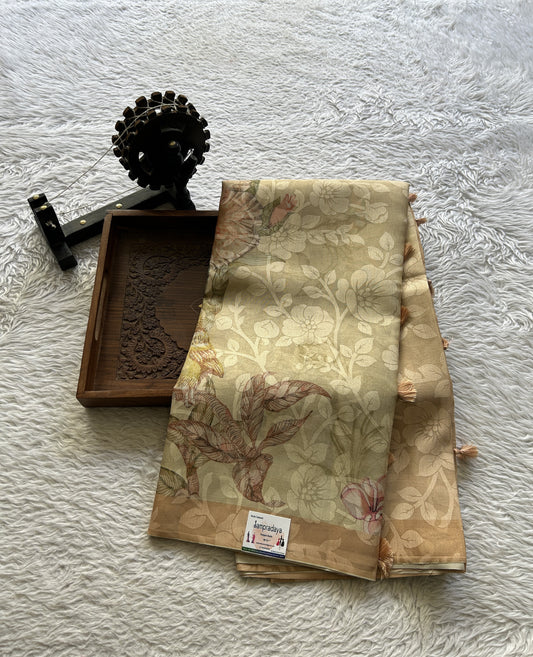 Semi Tussar Tissue Saree Light Coral Colored complemented with a Borderless. - Sampradaya Designer Studio