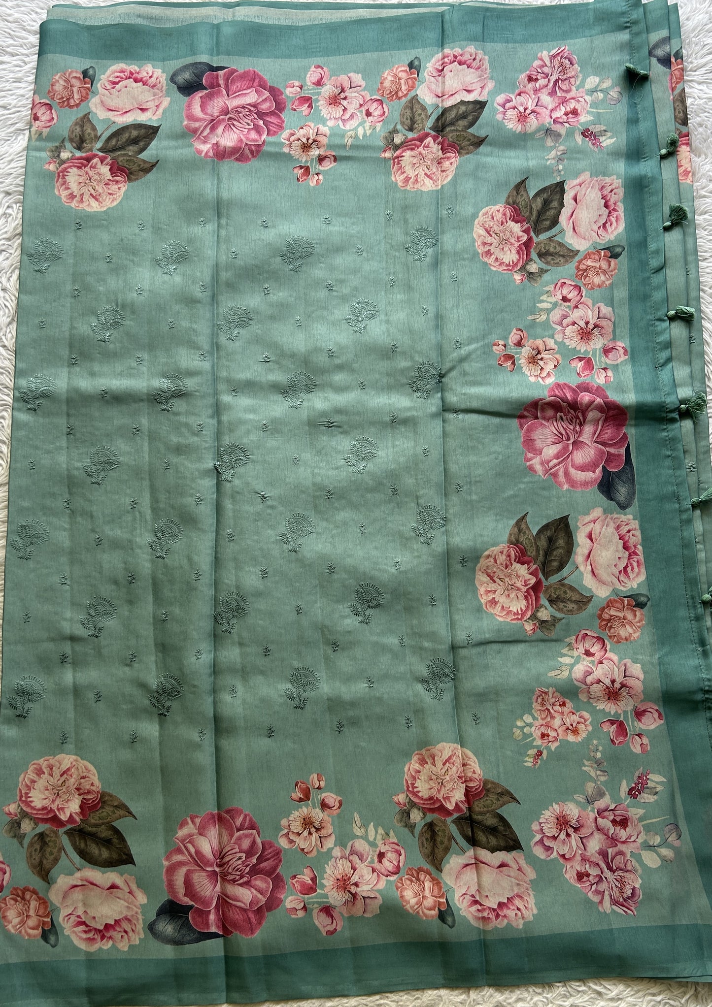 Banarasi Soft Silk Saree Aqua Green Colored Complemented with a Plain Border. - Sampradaya Designer Studio