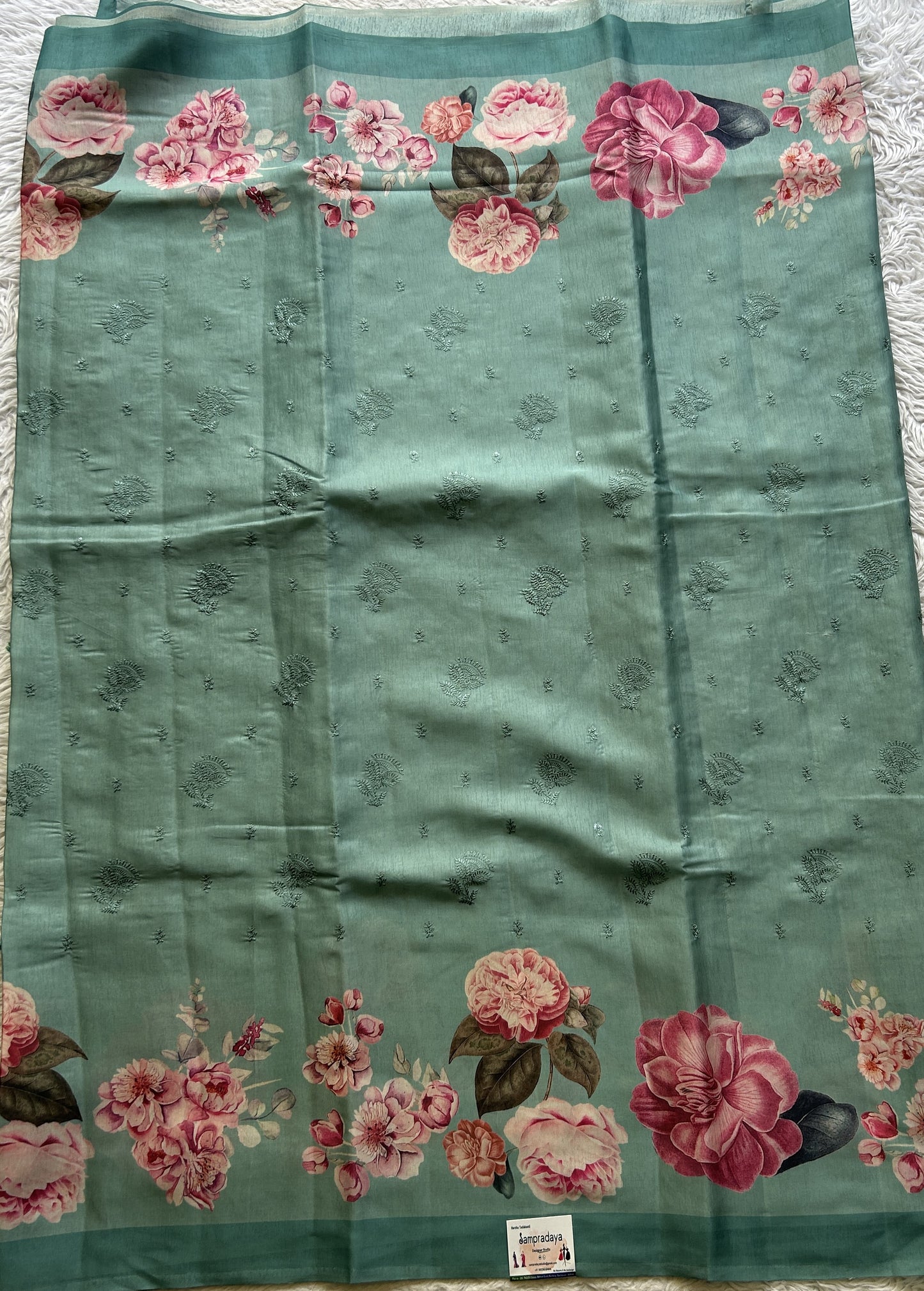 Banarasi Soft Silk Saree Aqua Green Colored Complemented with a Plain Border. - Sampradaya Designer Studio