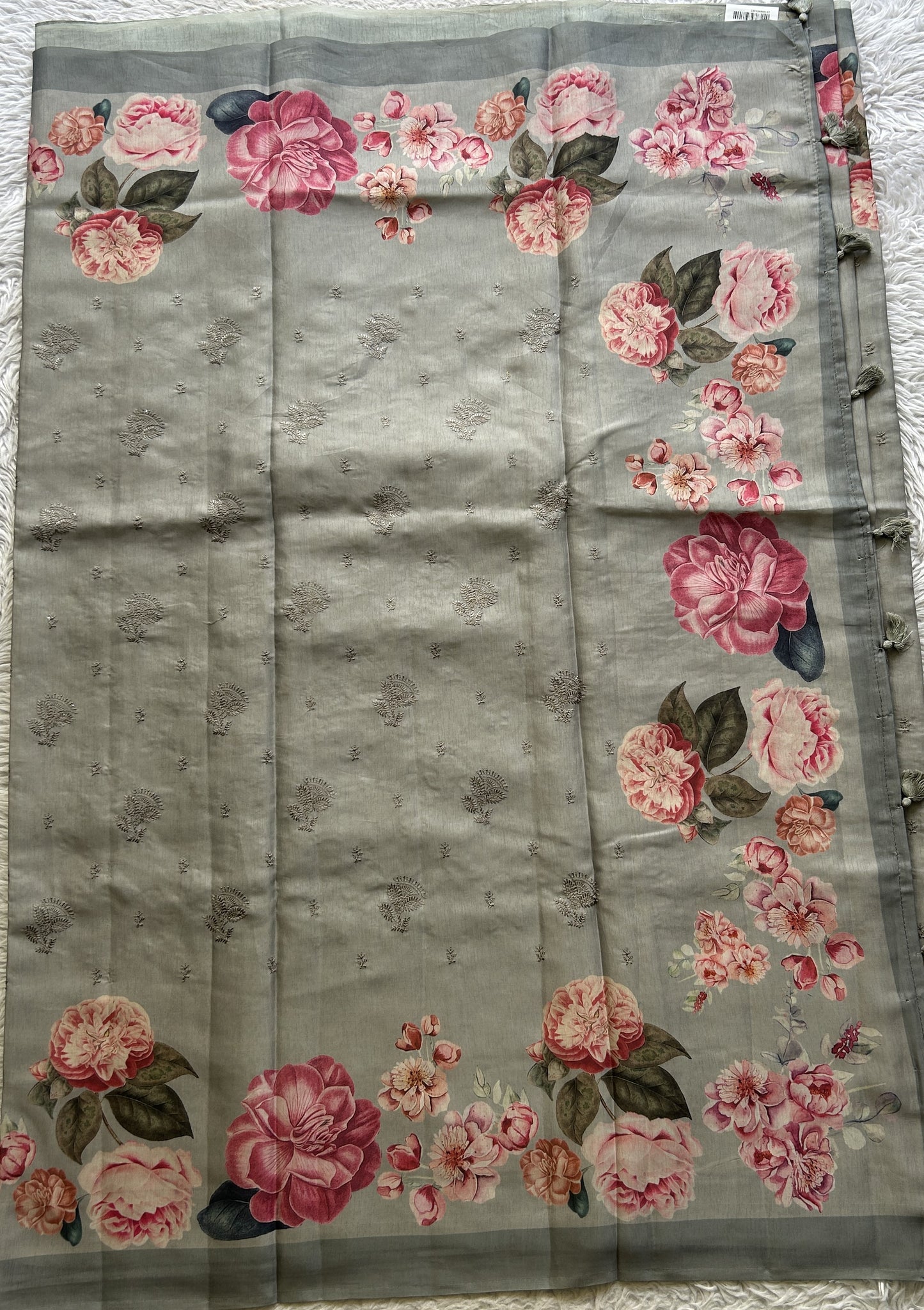 Banarasi Soft Silk Saree Ash Colored Complemented with a Plain Border. - Sampradaya Designer Studio