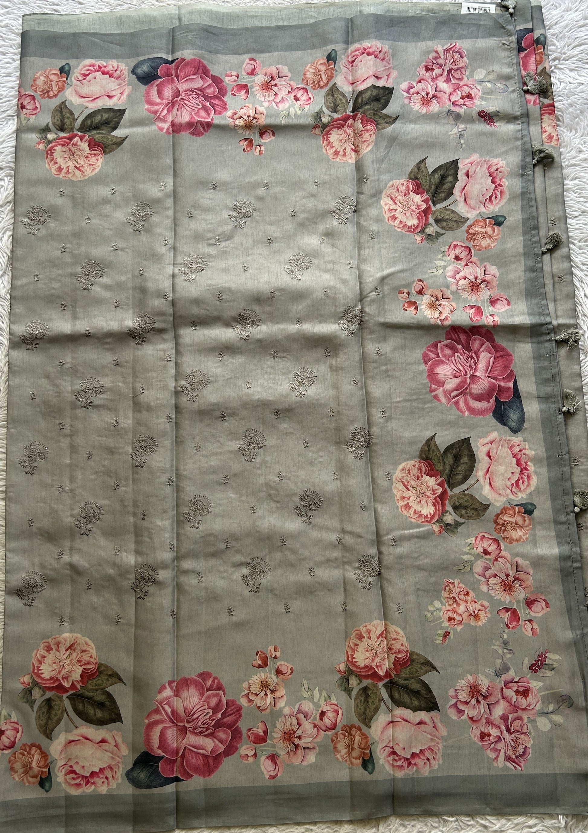 Banarasi Soft Silk Saree Ash Colored Complemented with a Plain Border. - Sampradaya Designer Studio