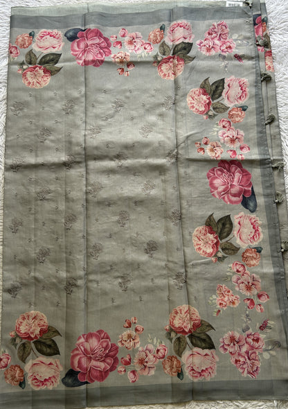Banarasi Soft Silk Saree Ash Colored Complemented with a Plain Border. - Sampradaya Designer Studio