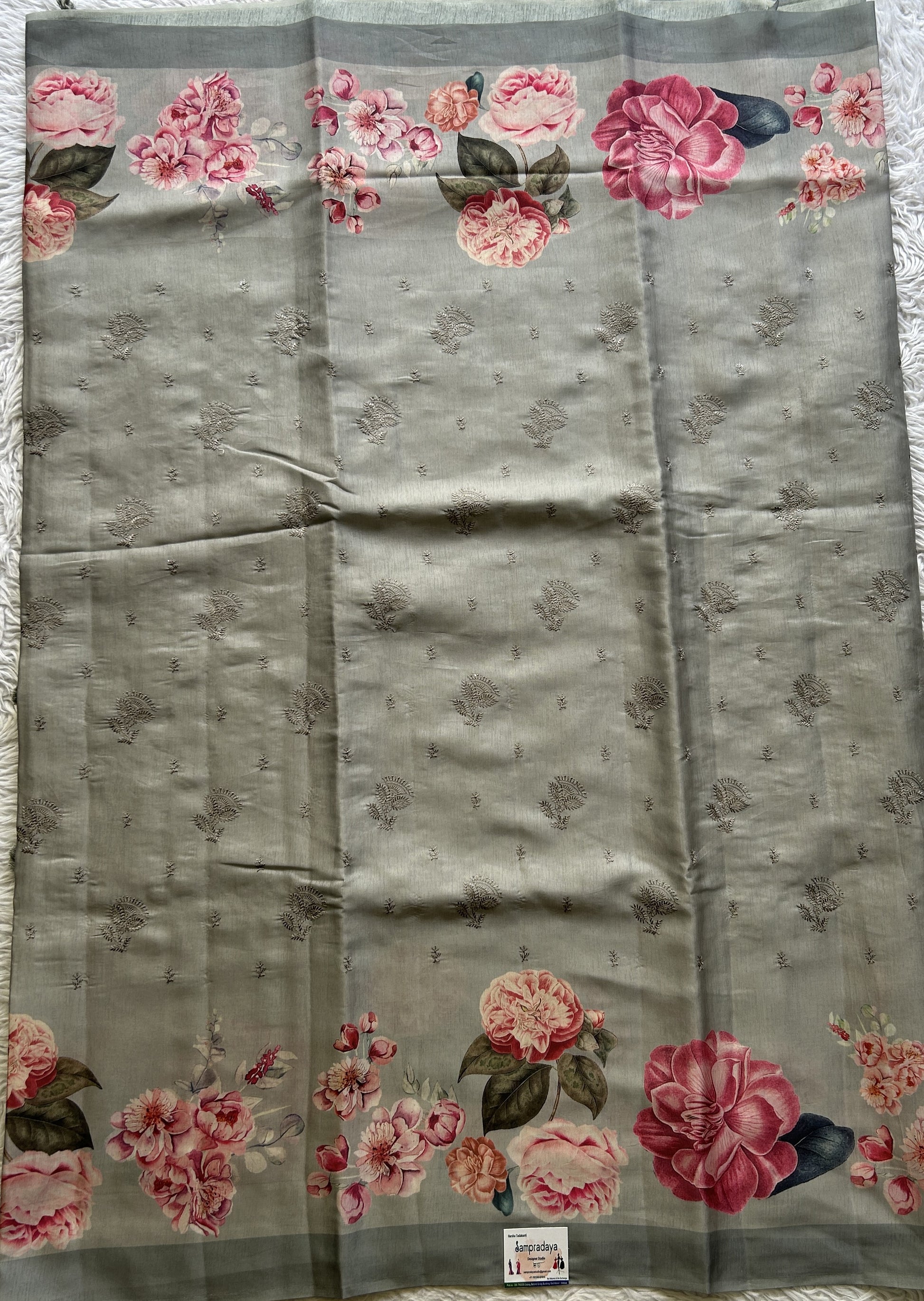 Banarasi Soft Silk Saree Ash Colored Complemented with a Plain Border. - Sampradaya Designer Studio