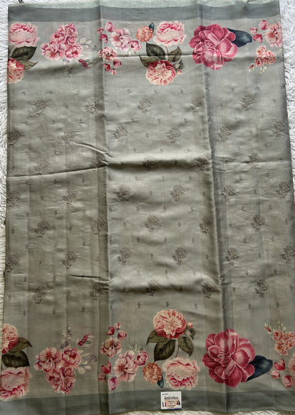 Banarasi Soft Silk Saree Ash Colored Complemented with a Plain Border. - Sampradaya Designer Studio