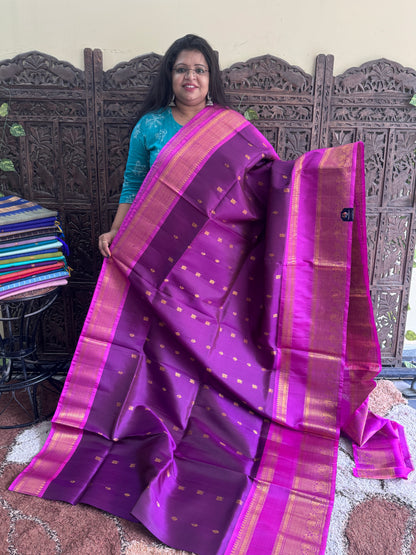 Violet Gadwal Silk Saree with Gold Zari Border — Pure Handloom | Silk Mark Certified