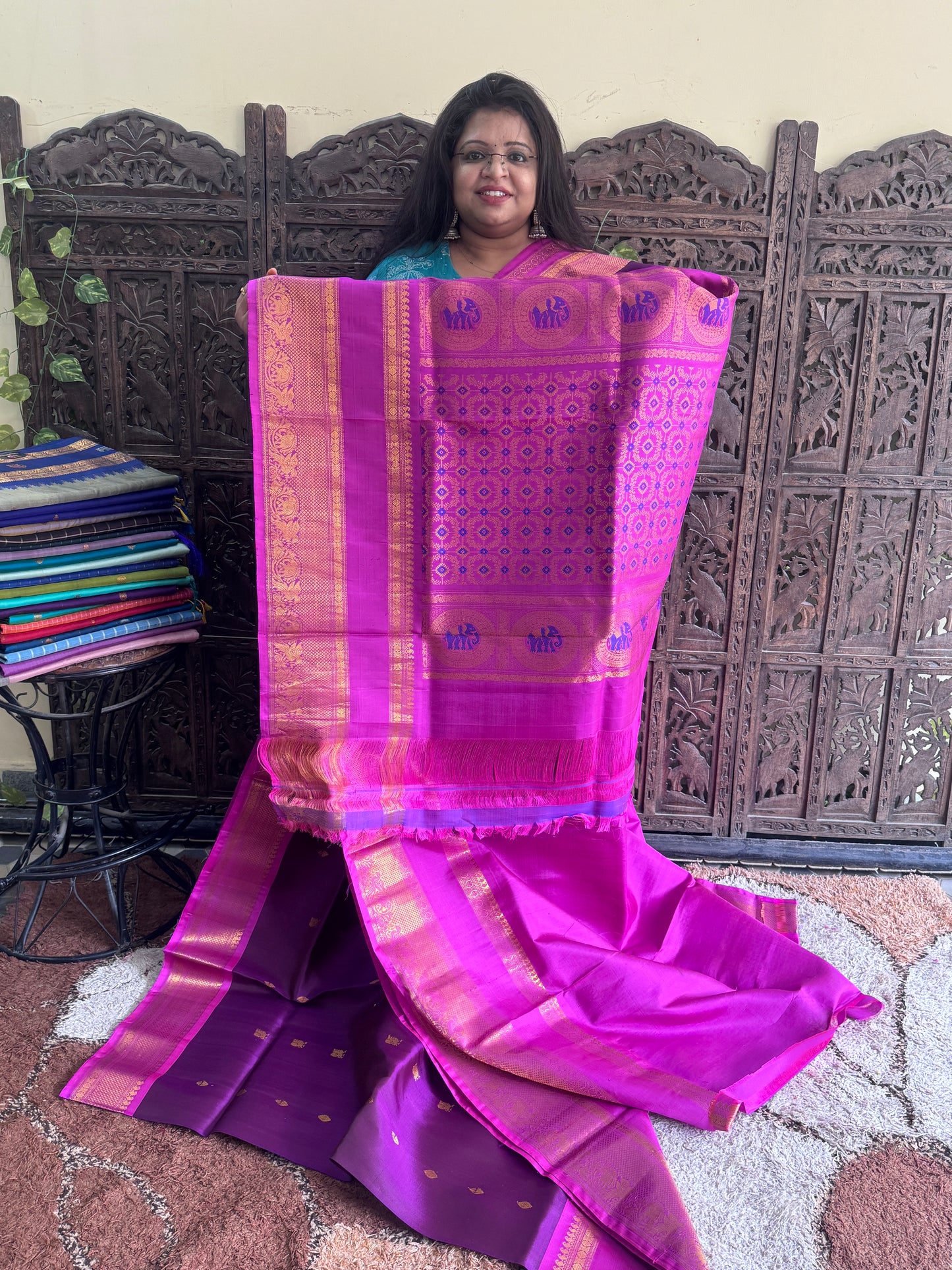 Violet Gadwal Silk Saree with Gold Zari Border — Pure Handloom | Silk Mark Certified