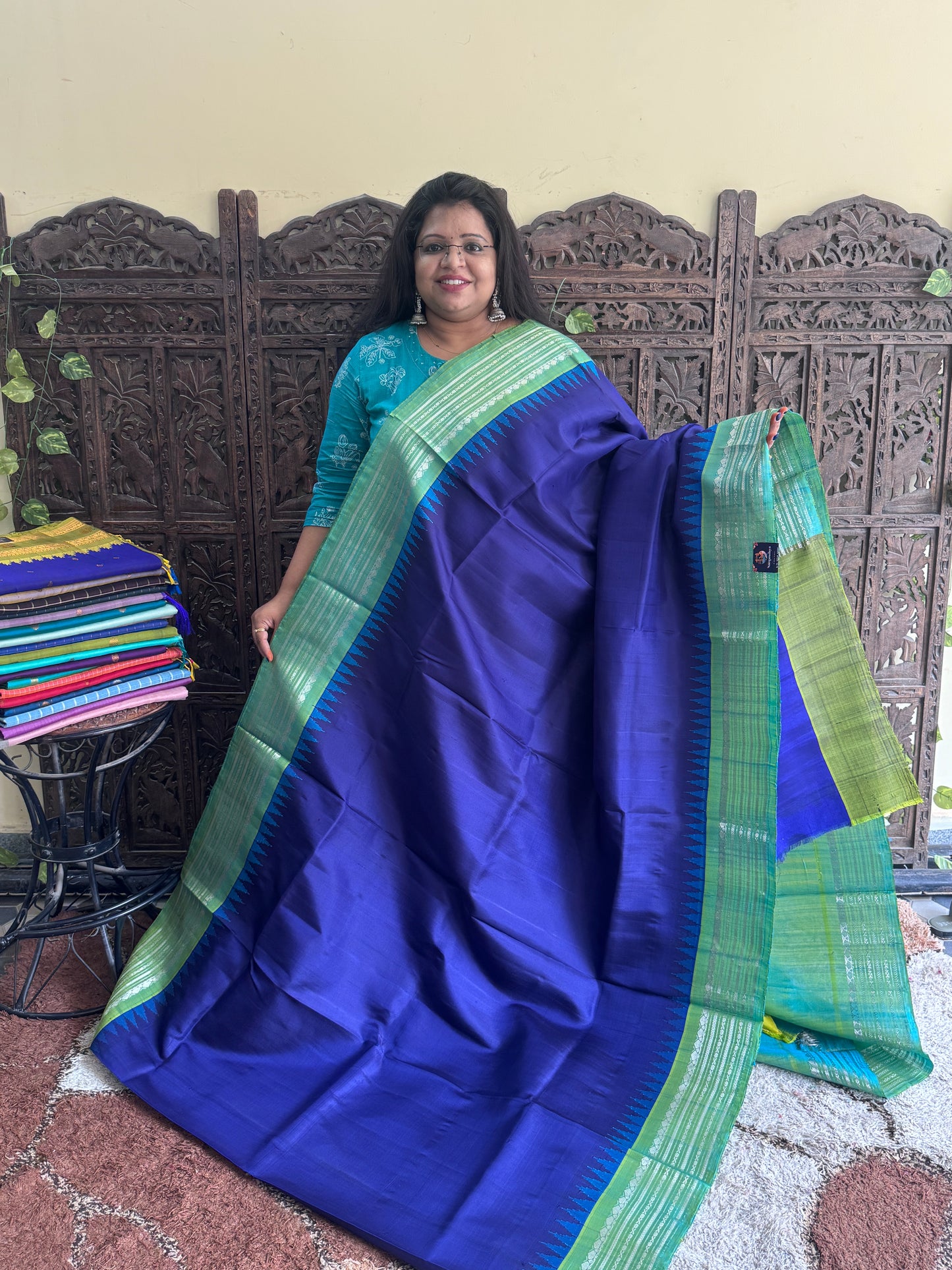 Blue Gadwal Silk Saree with Gold Zari Border — Pure Handloom | Silk Mark Certified