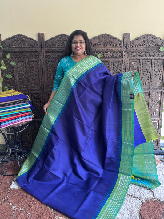 Blue Gadwal Silk Saree with Gold Zari Border — Pure Handloom | Silk Mark Certified
