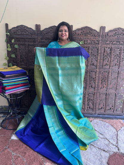 Blue Gadwal Silk Saree with Gold Zari Border — Pure Handloom | Silk Mark Certified