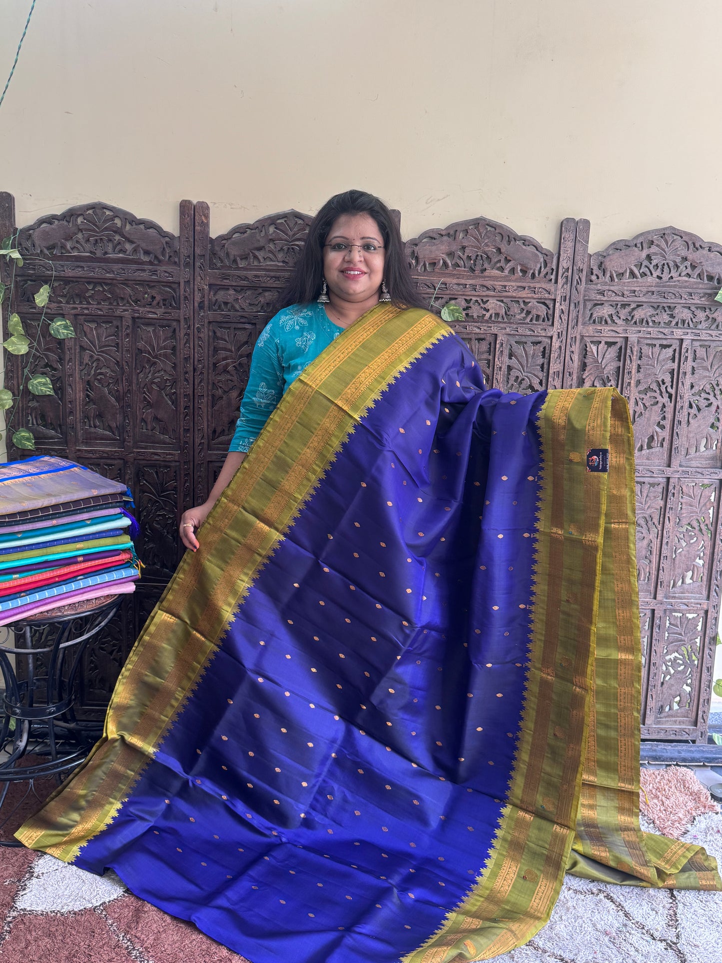 Blue Gadwal Silk Saree with Gold Zari Border — Pure Handloom | Silk Mark Certified