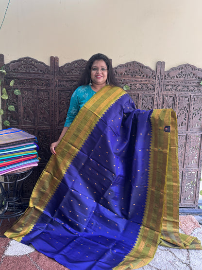 Blue Gadwal Silk Saree with Gold Zari Border — Pure Handloom | Silk Mark Certified