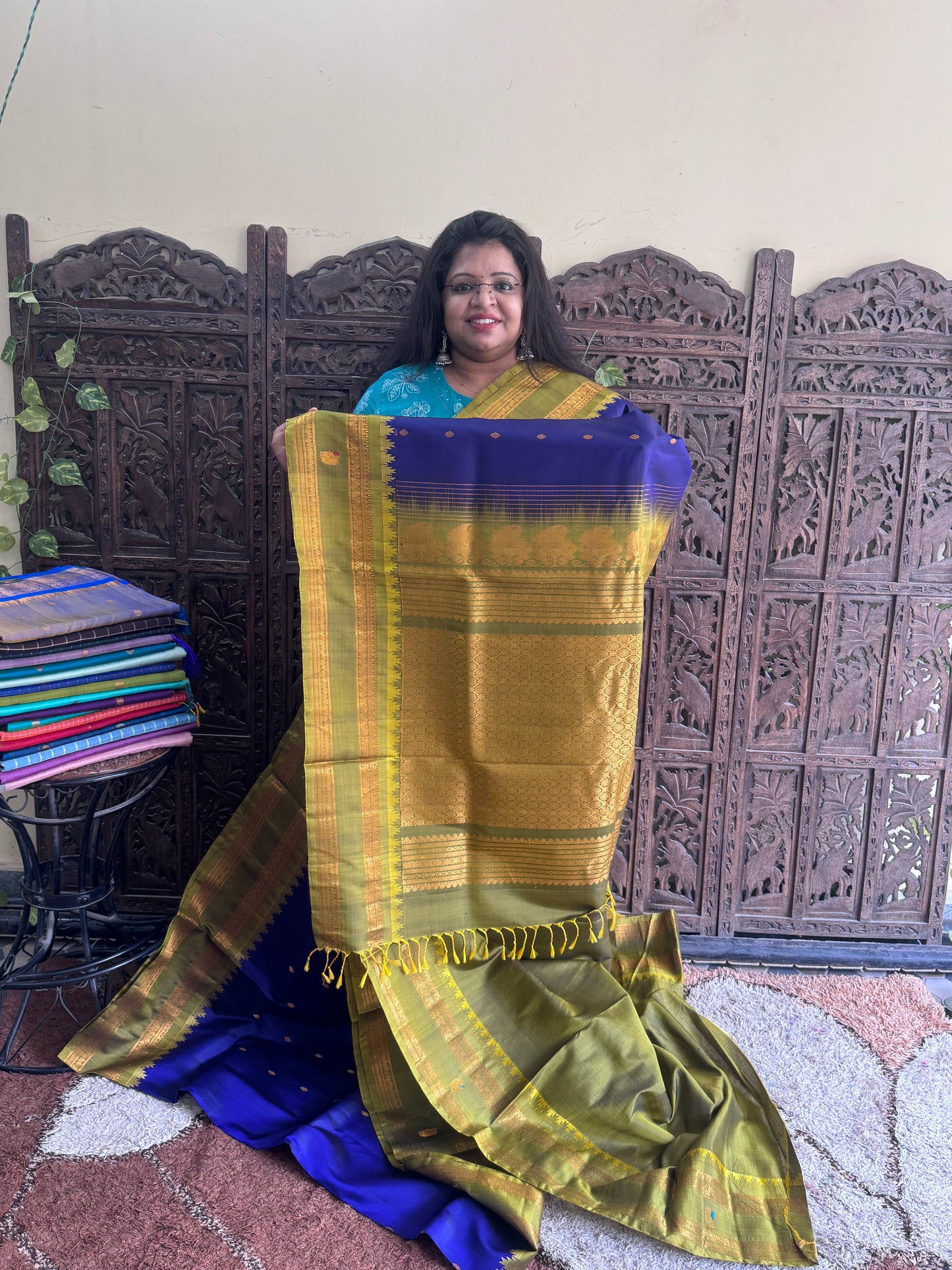 Blue Gadwal Silk Saree with Gold Zari Border — Pure Handloom | Silk Mark Certified