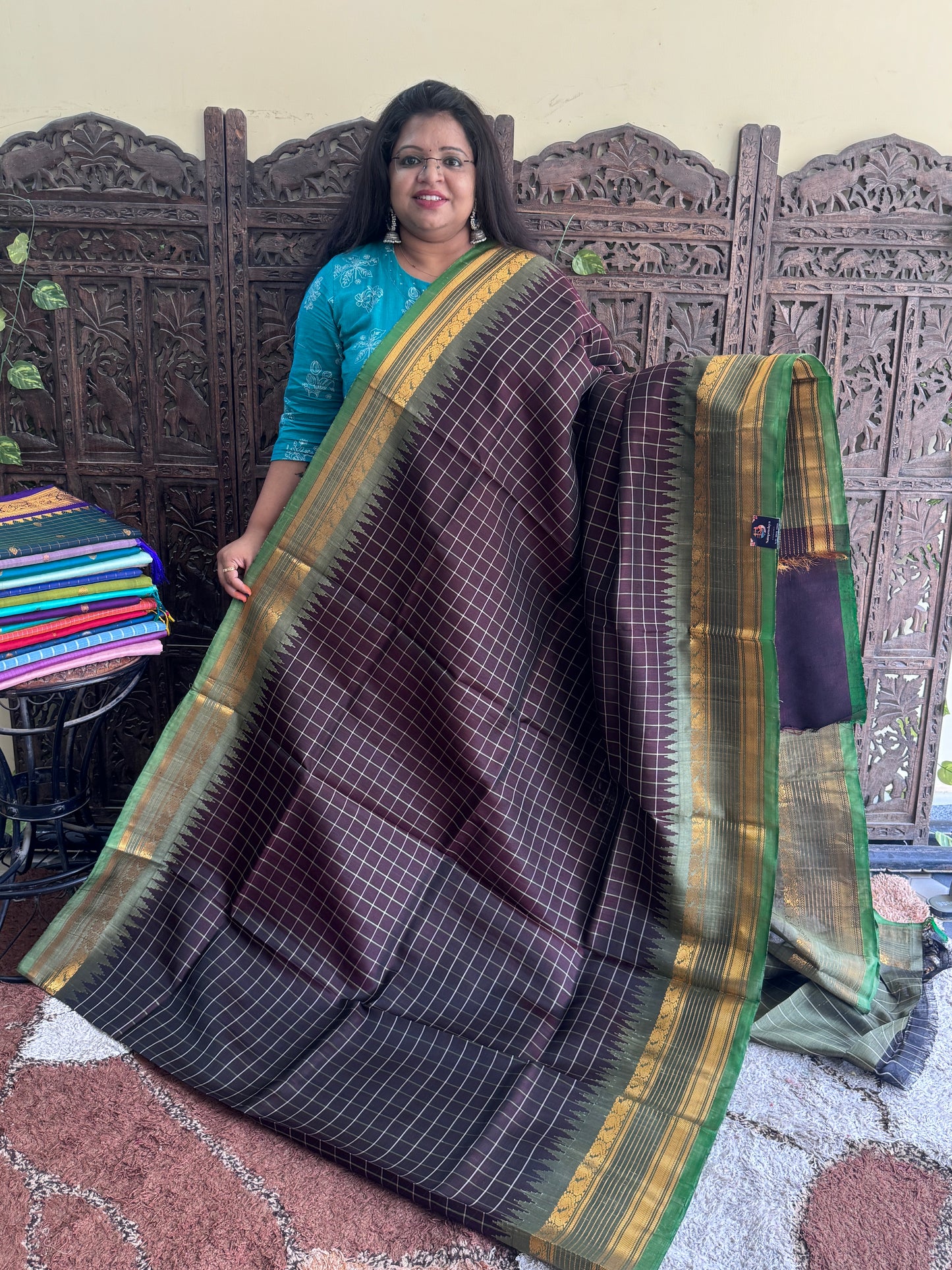 Brown Gadwal Silk Saree with Gold Zari Border — Pure Handloom | Silk Mark Certified