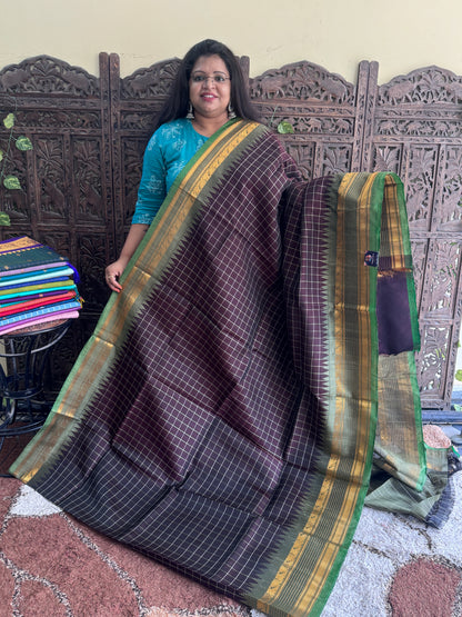 Brown Gadwal Silk Saree with Gold Zari Border — Pure Handloom | Silk Mark Certified