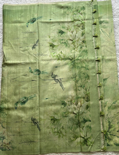 Semi Tussar Saree Light Green Colored complemented with a Plain Border. - Sampradaya Designer Studio