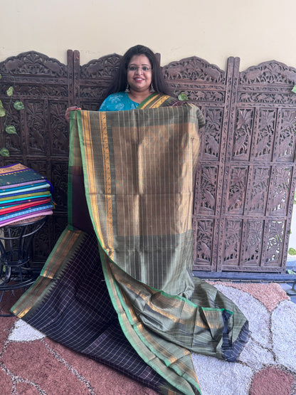 Brown Gadwal Silk Saree with Gold Zari Border — Pure Handloom | Silk Mark Certified