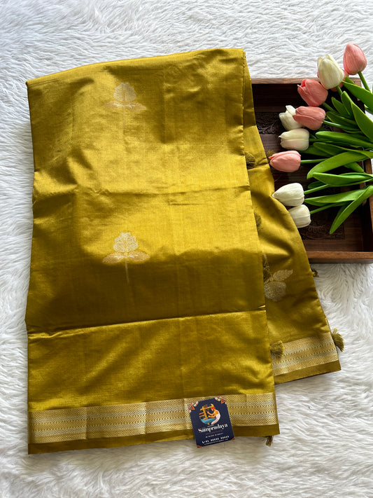 Semi Raw Silk Saree Olive Green Colored Complemented with a Zari Border. - Sampradaya Designer Studio