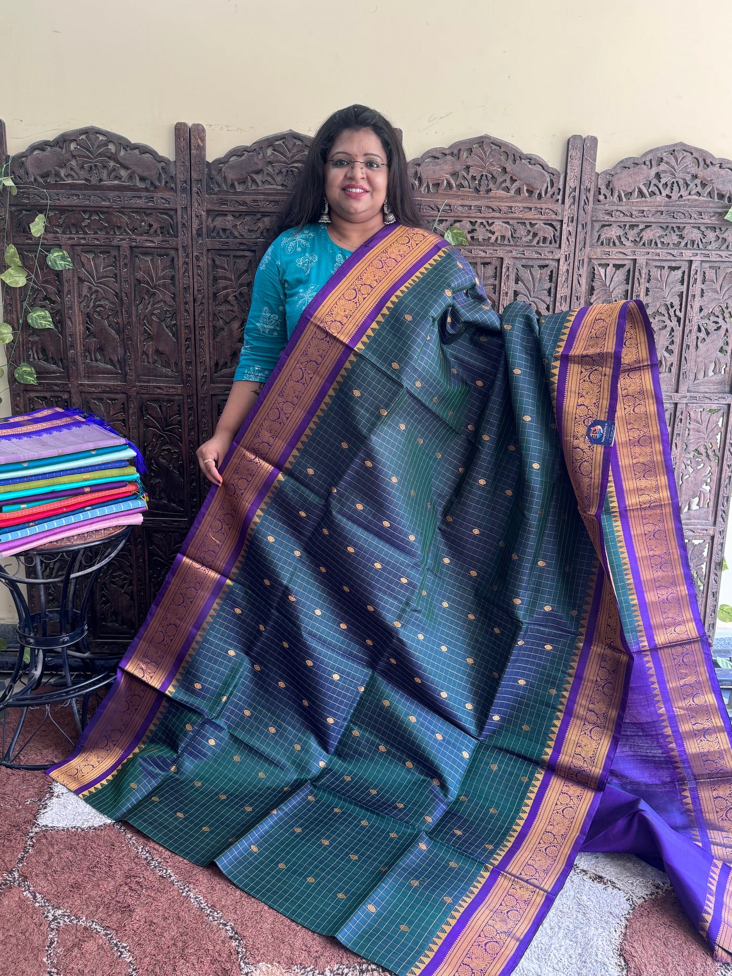 Bottle Green  Gadwal Silk Saree with Gold Zari Border — Pure Handloom | Silk Mark Certified