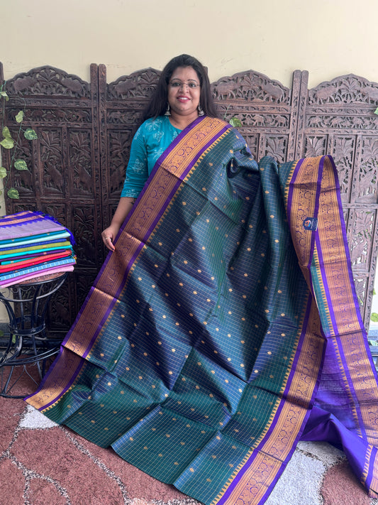 Bottle Green  Gadwal Silk Saree with Gold Zari Border — Pure Handloom | Silk Mark Certified