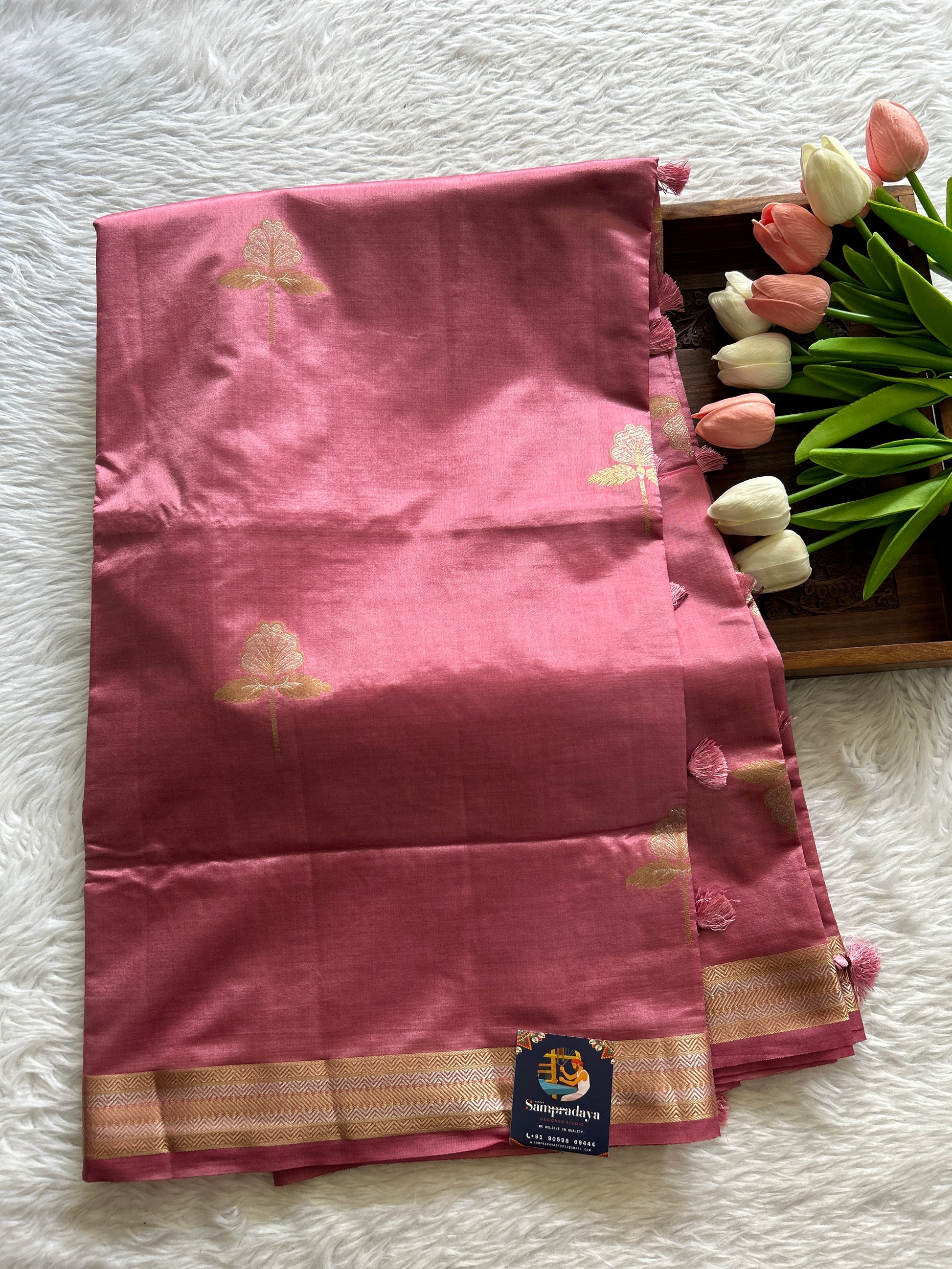 Semi Raw Silk Saree Pink Colored Complemented with a Zari Border. - Sampradaya Designer Studio