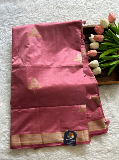 Semi Raw Silk Saree Pink Colored Complemented with a Zari Border. - Sampradaya Designer Studio