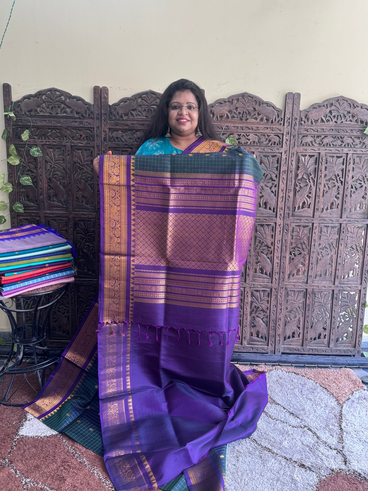 Bottle Green  Gadwal Silk Saree with Gold Zari Border — Pure Handloom | Silk Mark Certified