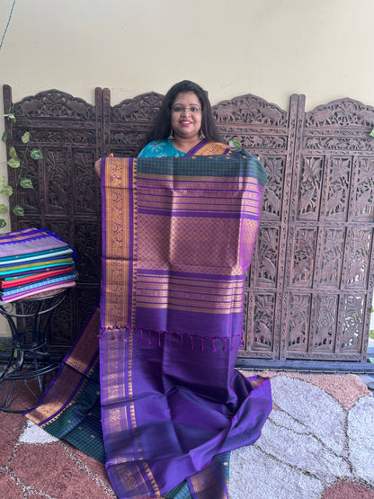 Bottle Green  Gadwal Silk Saree with Gold Zari Border — Pure Handloom | Silk Mark Certified