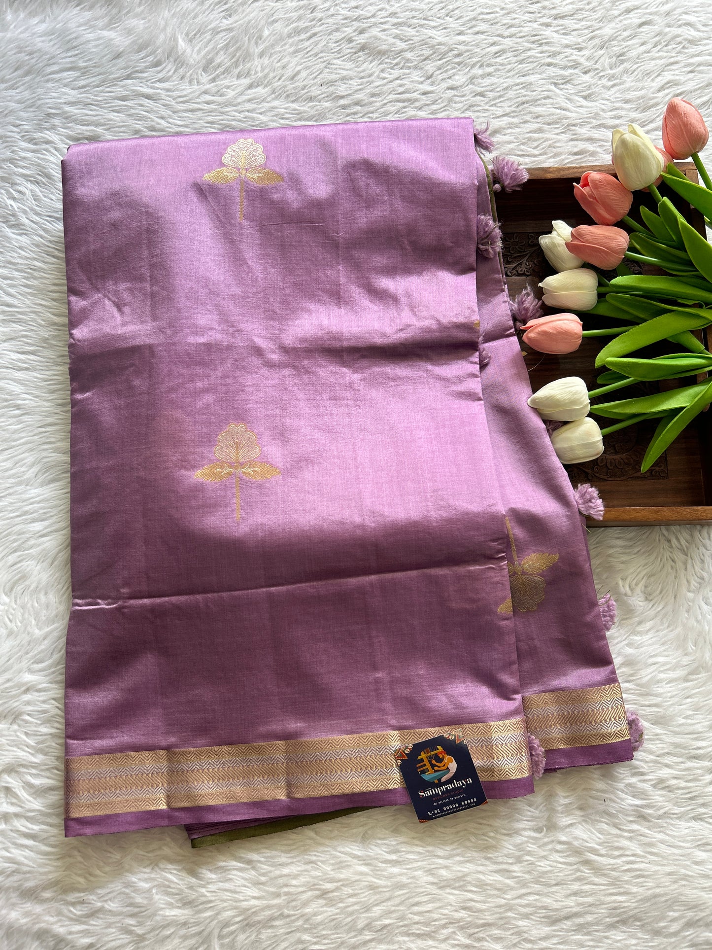 Semi Raw Silk Saree Lavender Colored Complemented with a Zari Border. - Sampradaya Designer Studio