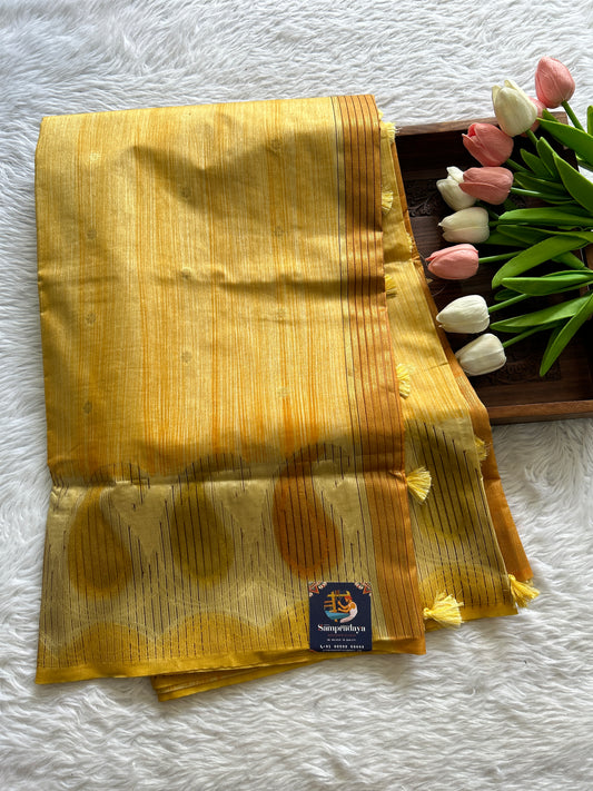 Semi Raw Silk Saree Yellow Colored Complemented with a Zari Border. - Sampradaya Designer Studio