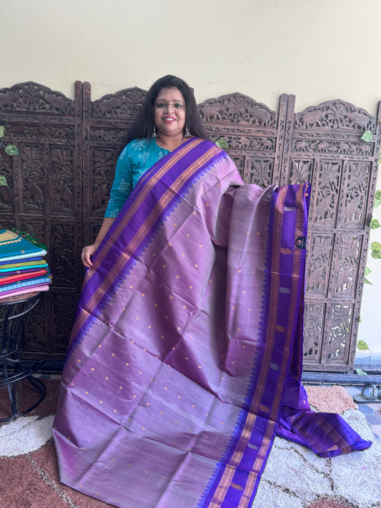 Lavender Gadwal Silk Saree with Gold Zari Border — Pure Handloom | Silk Mark Certified